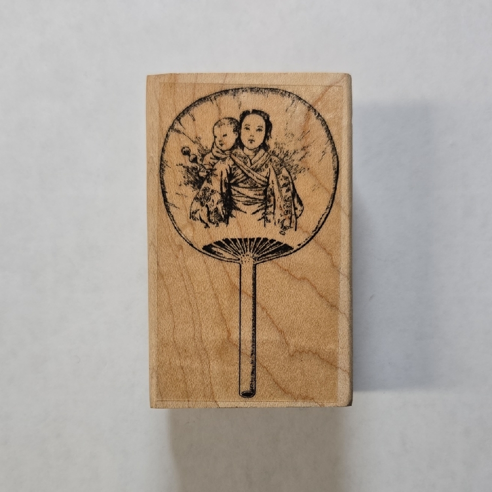 Wooden Decorative Stamp with Vintage Fan Illustration